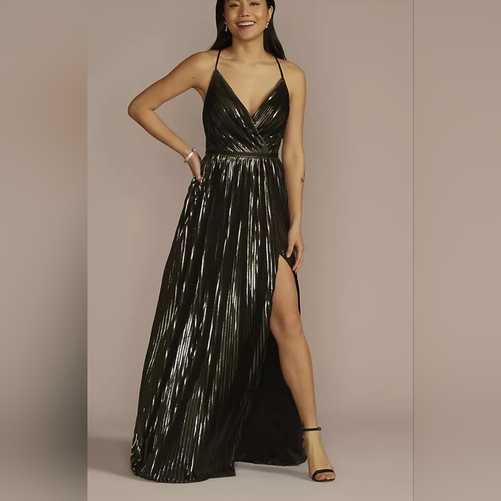 Galina Signature Two Tone Metallic Pleated Maxi Evening Gown Dress NWT